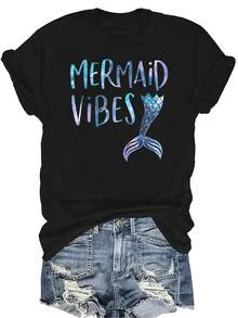 Camiseta con estampado de cola de sirena, divertida y linda, de manga corta, cuello redondo, transpirable y de estilo casual, adecuada para adolescentes y adultos - Negro - Ver 1