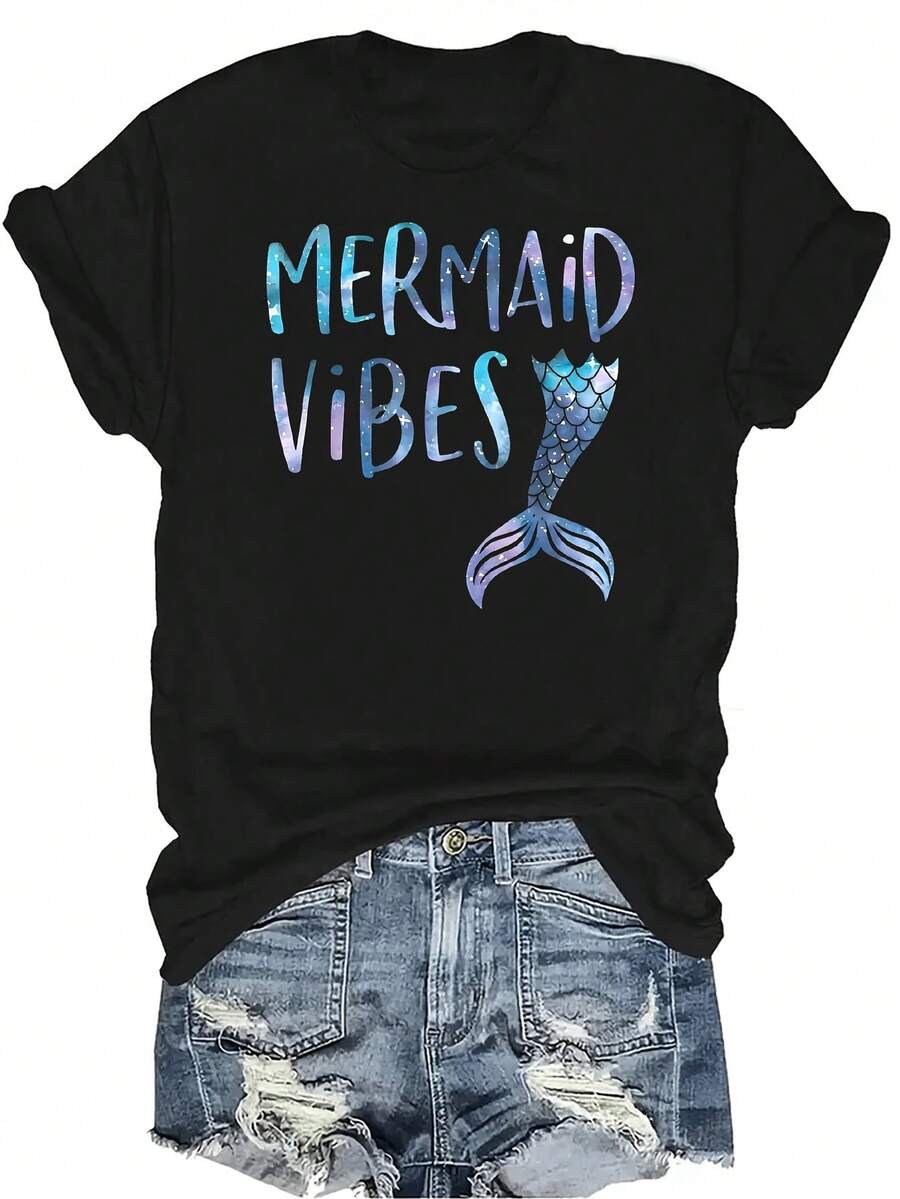 Camiseta con estampado de cola de sirena, divertida y linda, de manga corta, cuello redondo, transpirable y de estilo casual, adecuada para adolescentes y adultos - Negro - Ver 1