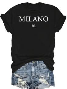 Camiseta de mujer con estampado de letras Milano 96, unisex, de verano, casual, transpirable, de personalidad, cuello redondo, manga corta, ropa de calle, versátil, adecuada para adolescentes y adultos - Negro - Ver 1