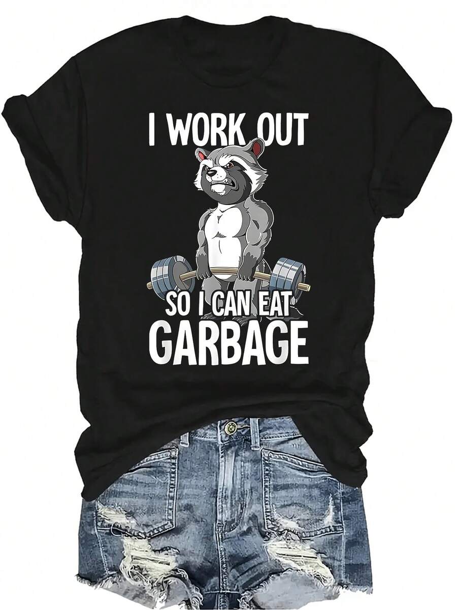 Camiseta gráfica de mujer con diseño humorístico de mapache levantando pesas, de cuello redondo, manga corta, transpirable y casual, adecuada para adolescentes y adultos - Negro - Ver 1