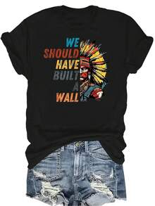 Camiseta gráfica de estilo nativo americano para mujer y unisex, de verano, casual, transpirable, con personalidad, cuello redondo, manga corta, ropa de calle, versátil, adecuada para adolescentes y adultos - Negro - Ver 1