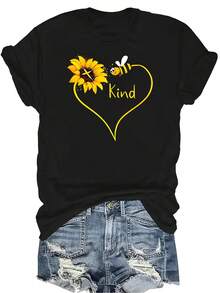 Camiseta con patrones interesantes para mujer y unisex, de verano, casual, transpirable, con cuello redondo, manga corta, estilo urbano y versátil, adecuada para adolescentes y adultos - Negro - Ver 1