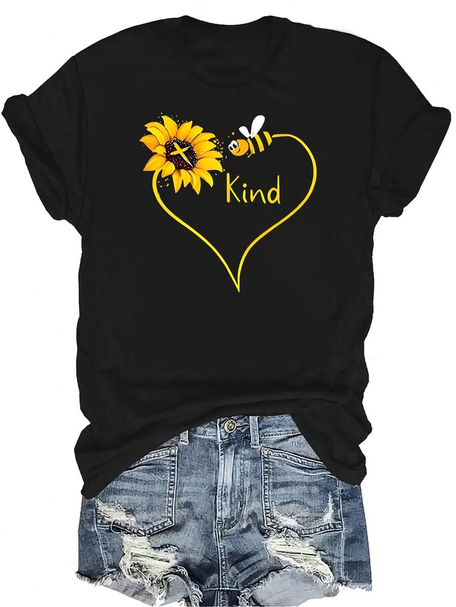 Camiseta con patrones interesantes para mujer y unisex, de verano, casual, transpirable, con cuello redondo, manga corta, estilo urbano y versátil, adecuada para adolescentes y adultos - Negro - Ver 1