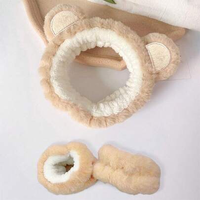 1pc Ear Detail Bath Headband & 2pcs Wrist Band Home Bathroom Decor Fall Decor Back To School Hair Accessories