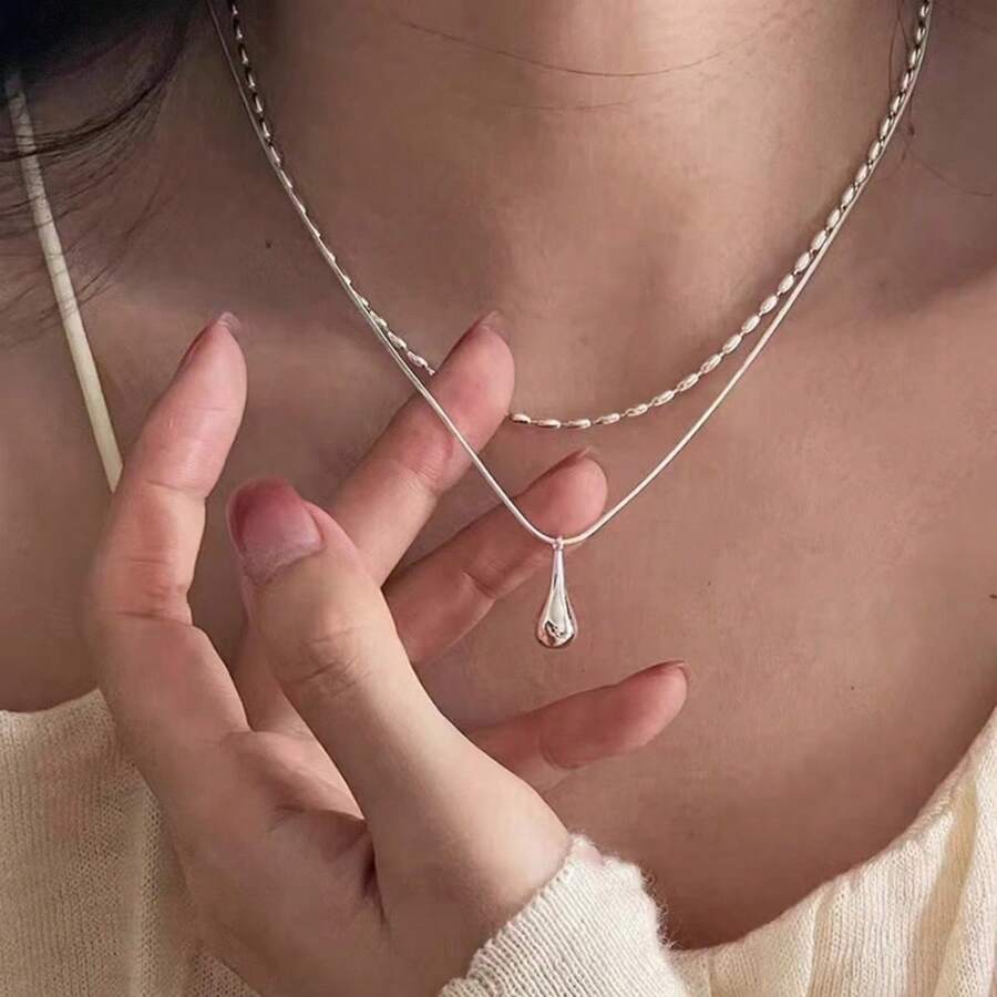 قلادة قلادة قطرة المياء ذات الطبقتين، تصميم بسيط، أنيق وأنيق للارتداء اليومي، قلادة خرزية للنساء