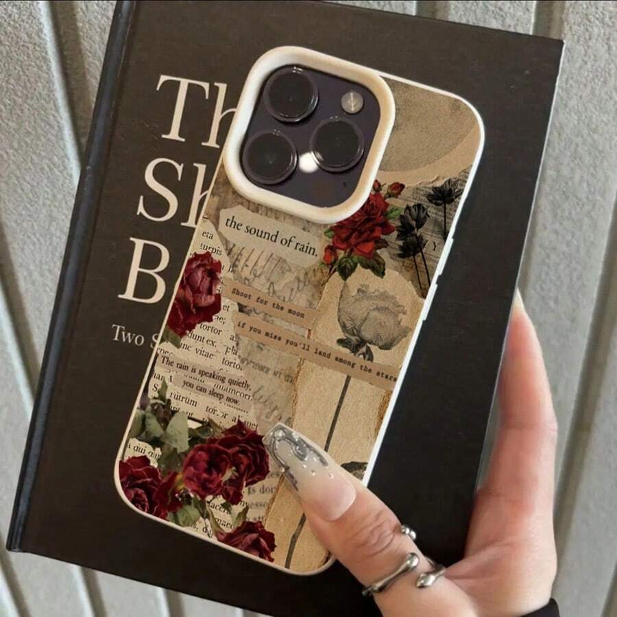 1pc Vintage Red Rose Book Page Collage Elegant Pattern TPU Phone Case Compatible With IPhone