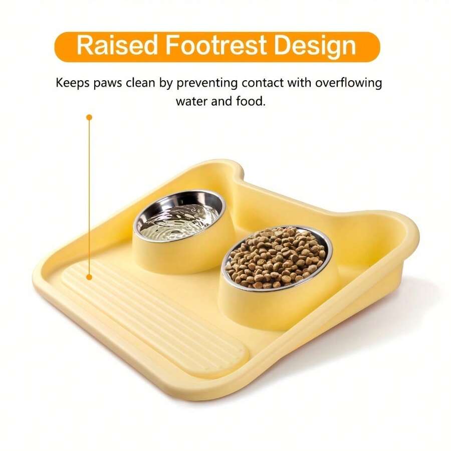Auslaufsichere Edelstahl-Futternäpfe mit rutschfestem Boden - Doppelte Futter- und Wassernäpfe für Hunde & Katzen, einfach zu reinigen, robustes Design für kleine bis mittlere Rassen, gelbe Kunststoffschale mit erhöhten Rändern, Katzenfütterungsstation, schlankes Napfdesign, leicht zu reinigendes Material
