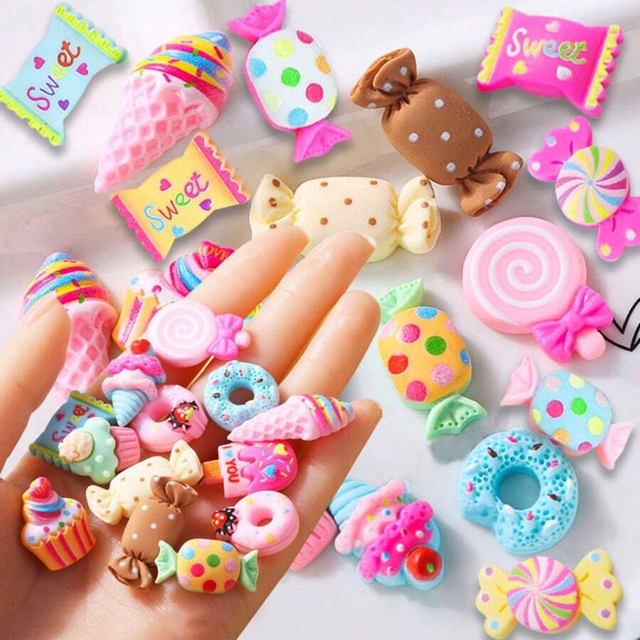 100pcs Slime Charms Resin Fake Candy Charms Kawaii Cute Set Mixed Assorted Sweets Flatback Slime Beads Making Supplies,Rainbow Flatback Resin Charm,For DIY Craft Making And Ornament Scrapbooking - 100PC - View 1