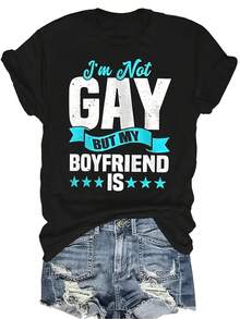 No soy gay, pero mi novio sí Camiseta con gráfico impreso Camiseta de verano casual y transpirable con cuello redondo y manga corta para mujer y unisex, versátil y adecuada para adolescentes y adultos - Negro - Ver 1