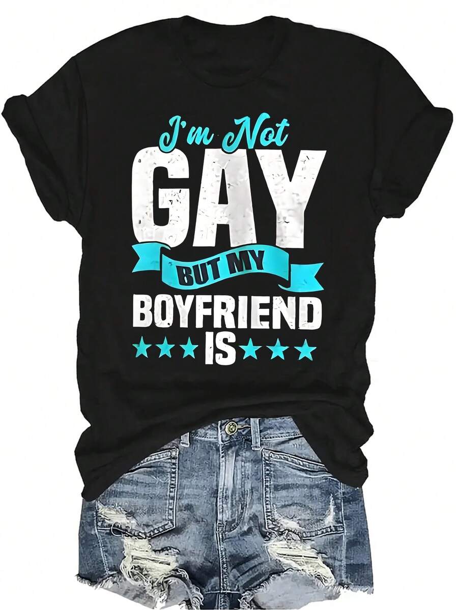 No soy gay, pero mi novio sí Camiseta con gráfico impreso Camiseta de verano casual y transpirable con cuello redondo y manga corta para mujer y unisex, versátil y adecuada para adolescentes y adultos - Negro - Ver 1