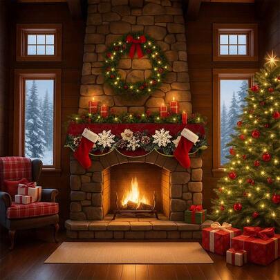 1 Écharpe de cheminée en forme d'éventail en polyester avec imprimé de flocons de neige dorés et de pommes de pin, 200 x 50 cm, en tissu polyester durable, avec éléments de branches de pin vertes, décoration de table de fête luxueuse pour Noël, fêtes, mariages d'hiver, célébrations du Nouvel An.