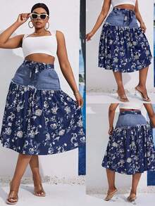 Plus Size Women's Bohemian Vintage Floral Chiffon Splicing Denim Maxi Skirt With Lace-Up Details - Machine Washable, Woven Fabric, Splicing Design Floral Casual Street Midi Skirt,Oversize Jean Skirt,Plus Size Fall Curve Jeans Skirt For Back To School - 淺色水洗藍 - 查看 1