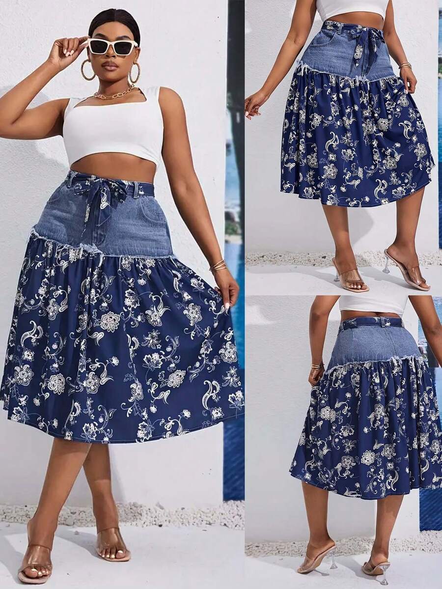 Plus Size Women's Bohemian Vintage Floral Chiffon Splicing Denim Maxi Skirt With Lace-Up Details - Machine Washable, Woven Fabric, Splicing Design Floral Casual Street Midi Skirt,Oversize Jean Skirt,Plus Size Fall Curve Jeans Skirt For Back To School - 淺色水洗藍 - 查看 1