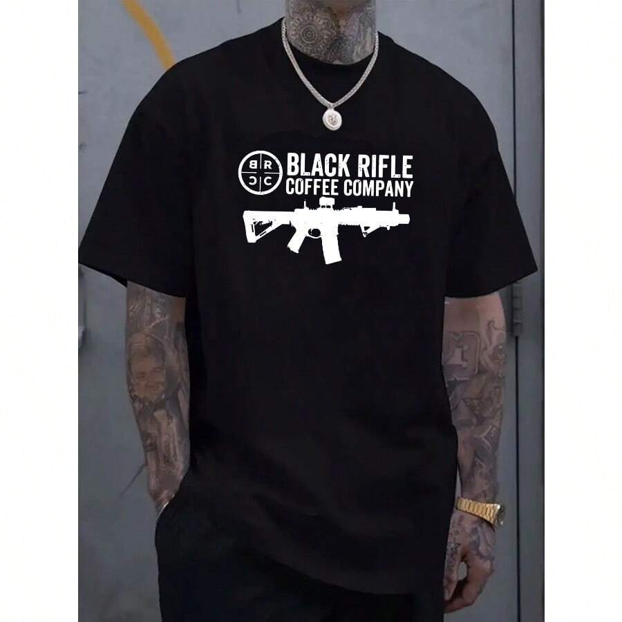 Retro Black Rifle Coffee Company Pattern, Printed Men'S 100% Pure Cotton Round Neck Short Sleeved T-Shirt Street Style Comfortable Skin Friendly Casual Sports Top Shirt - 黑色 - 查看 1