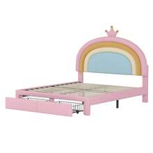 PRINCESS LOVESEAT SOFA BED PU LEATHER UPHOLSTERED LOW SOFA BED WITH BUTTON TUFTED CUTE CROWN HEADBOARD FOR KIDS, PINK