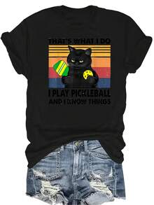 Esta es lo que hago, camiseta de mujer con texto "I Play Pickleball" Unisex de verano, casual, transpirable, de personalidad, cuello redondo, manga corta, ropa de calle, versátil, adecuada para adolescentes y adultos - Negro - Ver 1