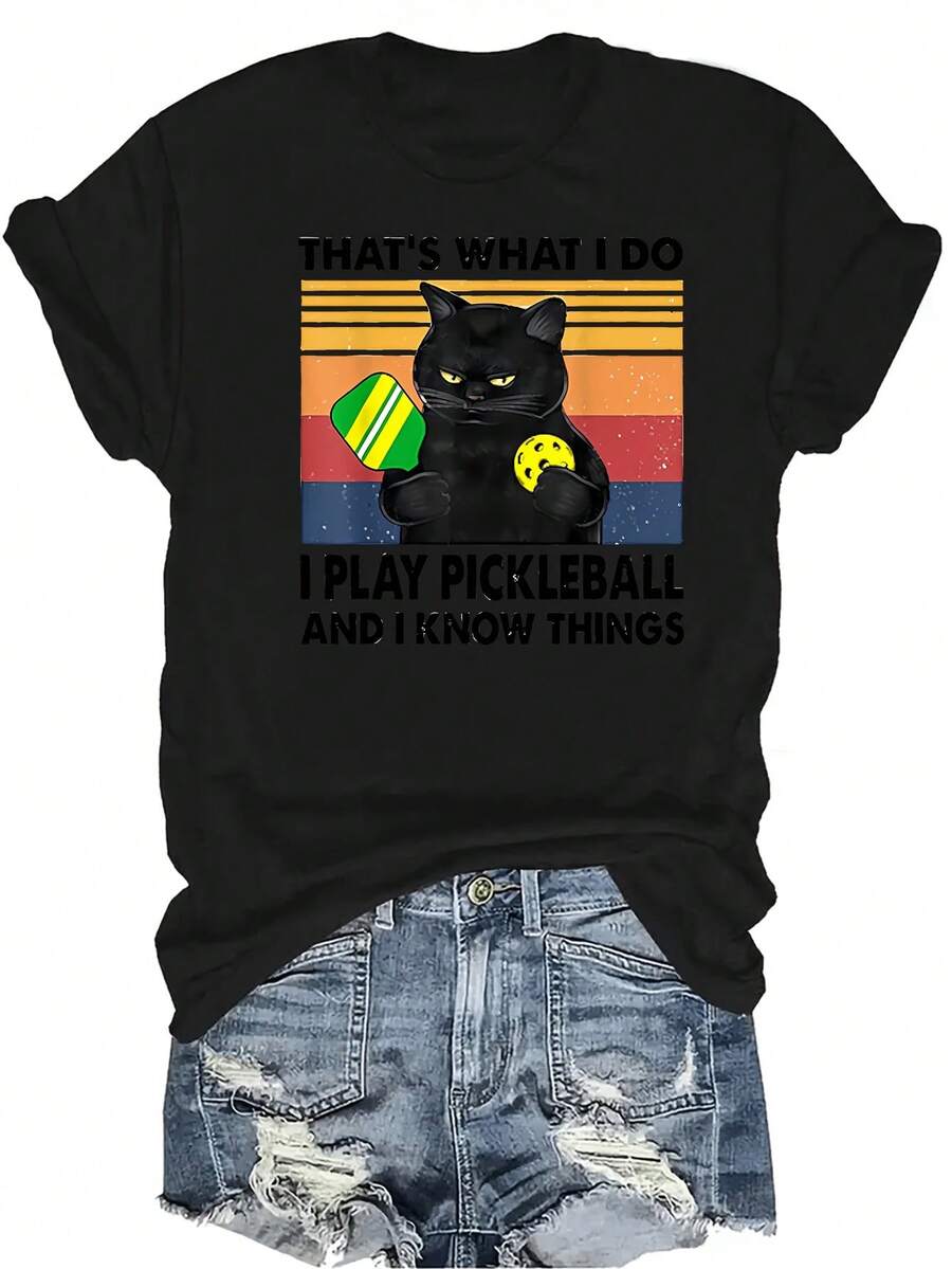 Esta es lo que hago, camiseta de mujer con texto "I Play Pickleball" Unisex de verano, casual, transpirable, de personalidad, cuello redondo, manga corta, ropa de calle, versátil, adecuada para adolescentes y adultos - Negro - Ver 1
