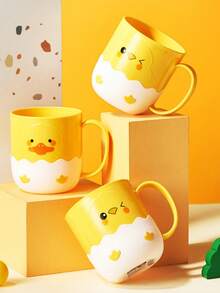 1pc Customizable Cartoon Yellow Chicken Water Cup, Creative High-Quality Varied Expression Cartoon Rinsing Cup, Portable, Lightweight, For Indoor, Outdoor, Travel, Student, Office, Multi-Style Options For Families, Thickened PP Material, Customize Text For Your Exclusive Cup - Yellow (basic) - View 2