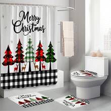 1 pieza/4 piezas Juego de cortina de ducha multifuncional con árbol de Navidad feliz y renos, incluye 12 ganchos gratis, crea un ambiente festivo, alfombra de baño, alfombra en forma de U y alfombra redonda para el inodoro, adecuado para todas las escenas navideñas del baño