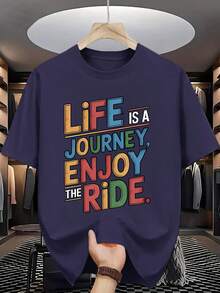 Camiseta gráfica casual de verano para hombres - Impresión "La vida es un viaje, disfruta el recorrido", cuello redondo, manga corta, ajuste regular, tallas para adultos - Negro - Ver 8