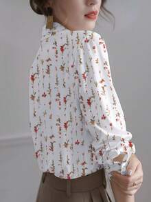 Vintage Ditsy Floral Collared Shirt Women, Versatile All-Match Long Sleeve Top, Office Date Casual Wear - Red - View 2