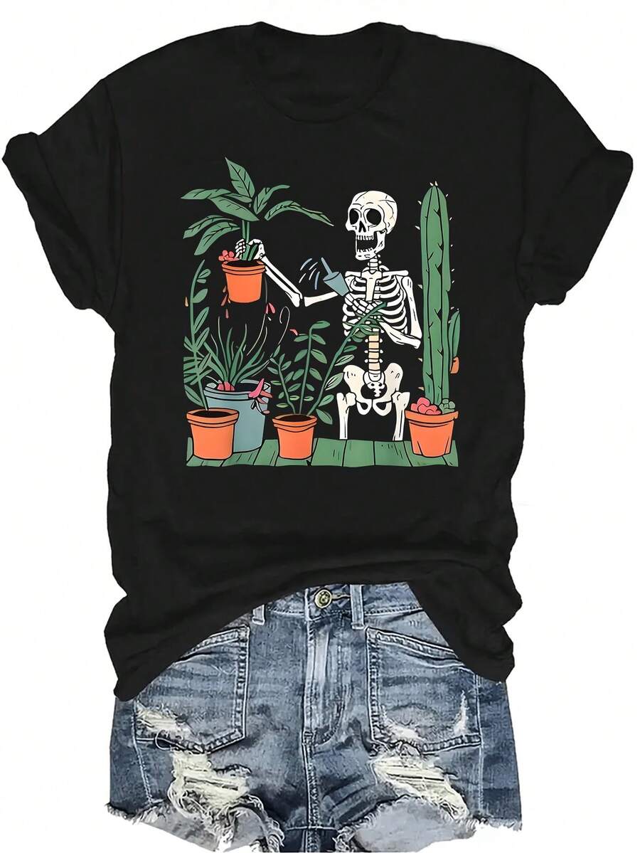 Camiseta de mujer con diseño de planta de agua con esqueleto, unisex, de verano, casual, transpirable, de personalidad, de cuello redondo, de manga corta, de uso versátil, adecuada para adolescentes y adultos - Negro - Ver 1