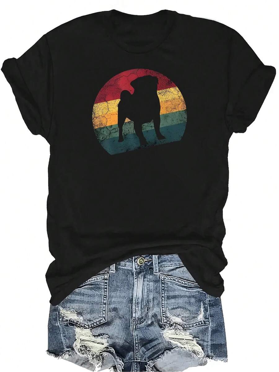 Camiseta con estampado vintage de perro pug para mujer y unisex, de verano, casual, transpirable y de personalidad, con cuello redondo y manga corta, para uso versátil, adecuada para adolescentes y adultos - Negro - Ver 1