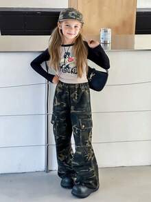 Girls' Versatile Camouflage Cargo Pants, New Outdoor Casual Sports Loose Straight Leg Trousers, Tween Girl & Teens Clothing