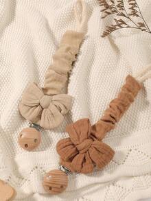 2pcs Baby Solid & Printed Pacifier Clips, Bowknot Pacifier Holder, Wooden 3-Hole Pacifier Clips, Suitable For Daily Use In Blue, Pink, Khaki