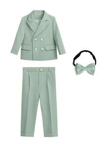 3 pezzi/set Completo formale per ragazzi giovani: giacca + pantaloni + papillon, abito da cerimonia, paggetto da matrimonio, costume per vacanze scolastiche - Verde - Visualizzare 3
