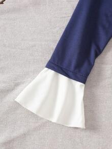 Cute Girls' Navy And White 2 - Piece Outfit, V - Neck Top With Ruffled Cuffs, White Pleated Skirt, Perfect For School Events And Outings
