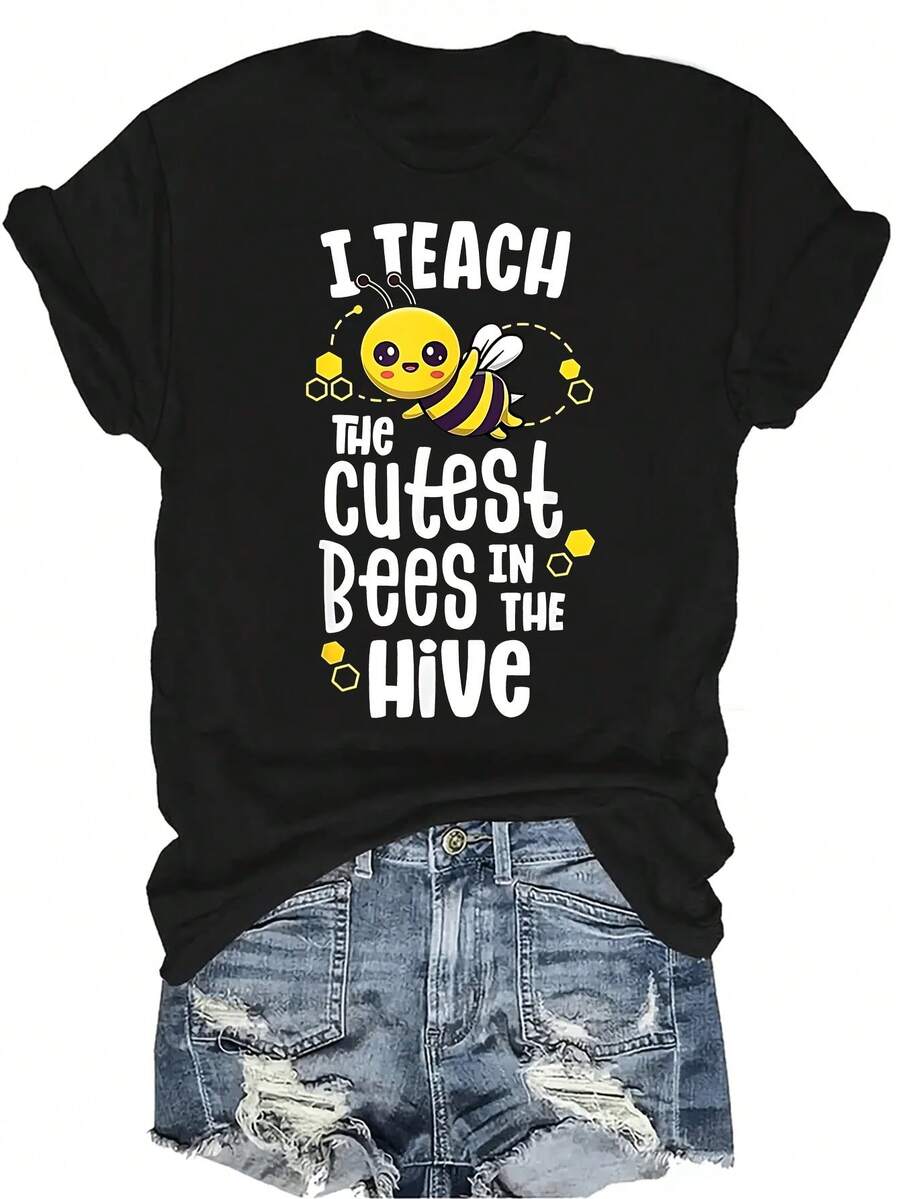 Enseño a los talla grande lindos de la colmena Camiseta de maestro de jardín de infantes para mujeres Unisex Verano Casual Transpirable Personalidad Cuello redondo Manga corta Camiseta Ropa de calle Versátil Parte superior, Adecuado para adolescentes y adultos - Negro - Ver 1