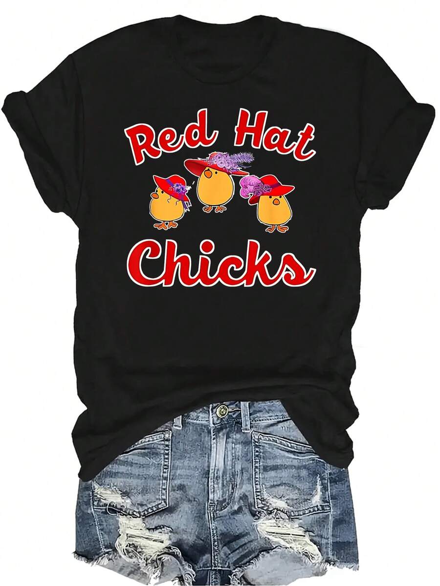 Camiseta de mujer y unisex con diseño de polluelos con gorro rojo, de estilo casual y transpirable, de cuello redondo y manga corta, adecuada para adolescentes y adultos - Negro - Ver 1