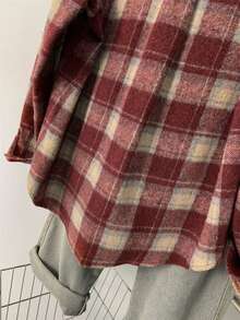 女式拉绒格子前扣口袋衬衫，日常休闲装 - 紅色 - 查看 3