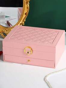 1pc Luxury Diamond Pattern Lockable 3/2/1 Compartment Jewelry Box, Multilayer Jewelry Box With Lock, Jewelry Storage Box, Earring & Jewelry Organizer, Vanity, Bedroom Accessory, Home Organization & Storage, Room Decor, Gift For Women