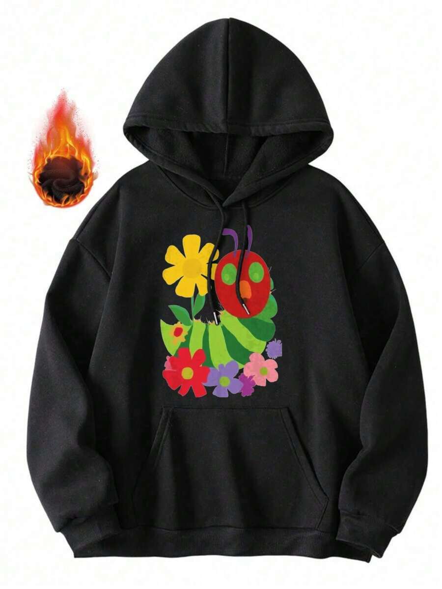 Hooded Sweatshirt Black Caterpillar And Flowers Print Casual Wear - 黑色 - 查看 1