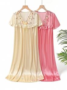 Women's Luxurious 2-Pack V-Neck Satin Nightdress Set: Boasting Floral Embroidery, Bow Detail, Short Sleeves, Silky Satin Fabric, And Elegant Shades-Ideal For Those Who Desire Both Style And Comfort In Their Nightwear For A Peaceful Sleep Experience - Champagne + Watermelon red - 查看 11
