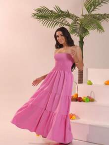 Look Of Millions!!! Long Strapless Dress With Floral Print - 淺粉色 - 查看 4