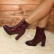 WOMAN BOOT CHUNKY HEEL ROUND TOE MID ANKLE - Maroon - View 3