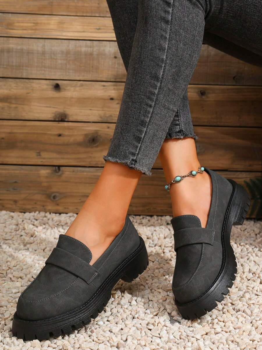 Women's Thick Sole Mary Jane Flats, British Style French Round Toe Retro Japanese Slip-On Soft Bottom Comfortable Casual Loafers - Grey - View 1