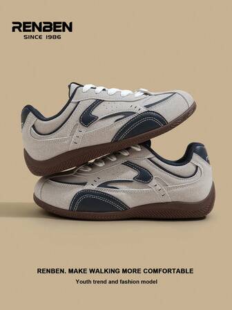 RENBEN 1 Pair Women's Retro-Style Gray Trainer Shoes, Front Lace-Up Color Block, 2025 Spring/Autumn New Versatile Fashion Niche Platform Casual Sneakers