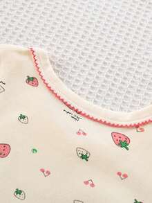 女童草莓印花长袖上衣和裤子睡衣套装 - 米色 - 查看 8
