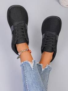 女士极简宽鞋头赤足跑步鞋 - 舒适防滑休闲鞋，宽鞋头设计，透气面料，零落差鞋底，适合步行和瑜伽，女士宽楦平底鞋，宽楦休闲运动鞋 - 黑灰 - 查看 9