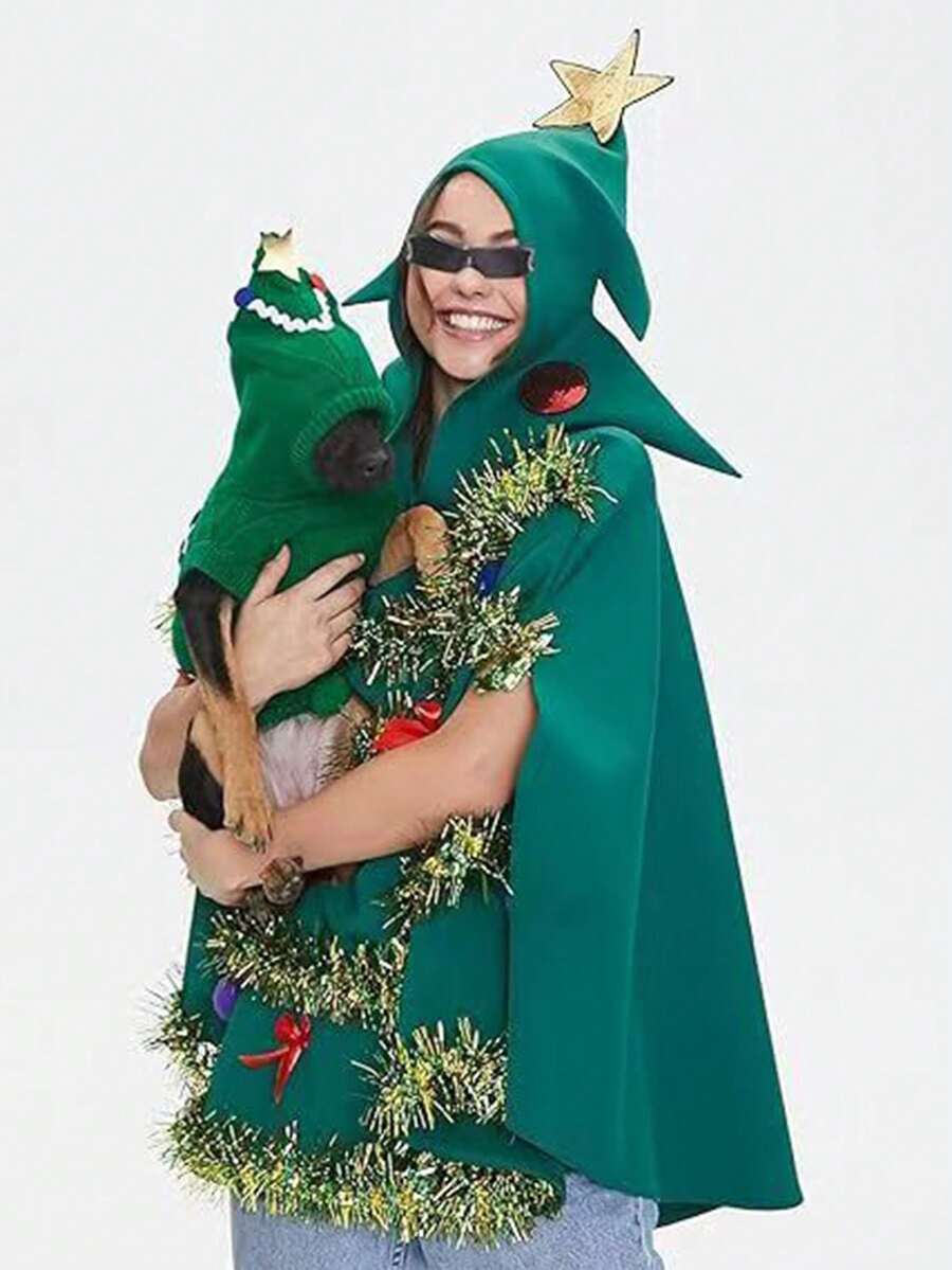 1 件成人圣诞树斗篷服装，涤纶花卉印花波西米亚风格斗篷，适合各种节日主题派对和庆祝活动 - 綠色 - 查看 1