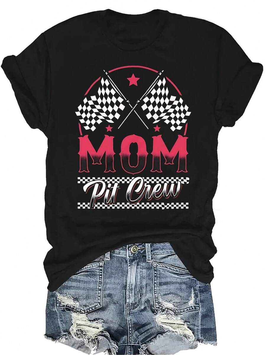 Camiseta de carreras de autos de equipo de boxes para mamá, de mujer y unisex, de verano, casual, transpirable, con personalidad, de cuello redondo, de manga corta, ropa de calle, versátil, adecuada para adolescentes y adultos - Negro - Ver 1