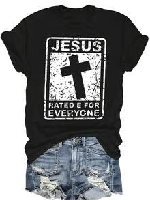 Camiseta con patrones interesantes para mujer y unisex, de verano, casual, transpirable, con cuello redondo, manga corta, estilo urbano y versátil, adecuada para adolescentes y adultos - Negro - Ver 1