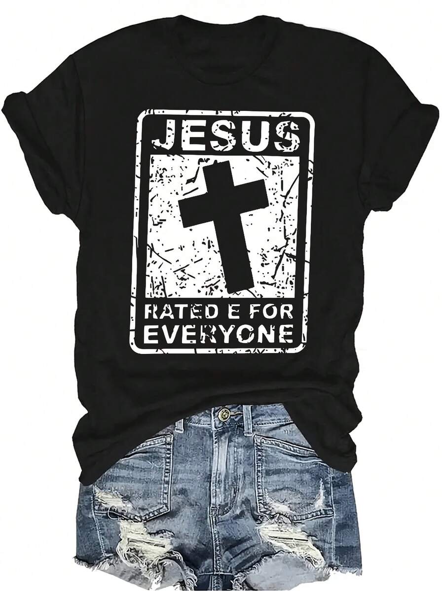 Camiseta con patrones interesantes para mujer y unisex, de verano, casual, transpirable, con cuello redondo, manga corta, estilo urbano y versátil, adecuada para adolescentes y adultos - Negro - Ver 1