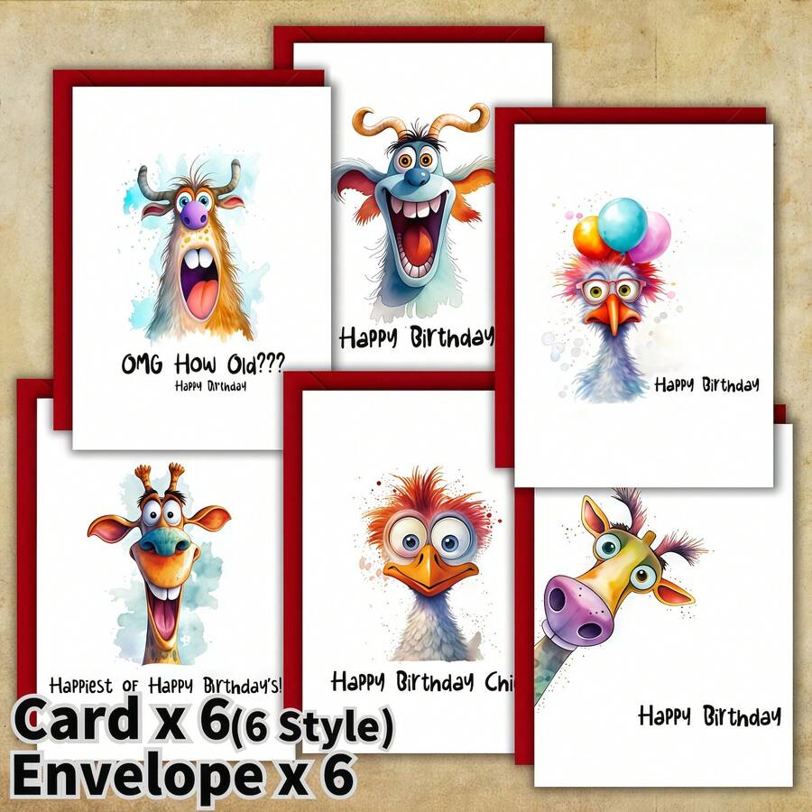 12 بطاقة تهنئة عيد ميلاد بنماذج حيوانات مضحكة مع مغلفات - هدية فريدة، ديكور عيد الميلاد، لوازم عيد الميلاد، لوازم مدرسية، عودة إلى المدرسة