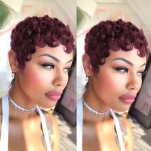 Curly Short Human Hair Wig For Black Women Pixie Cut Wig Wig For Women Human Hair Pixie Wig For Women None Lace Front Full Machine Made 99J Burgundy Short Wigs For Black Women Layered Pixie Haircut Wigs With Bangs Human Hair For Christmas,Daily Use