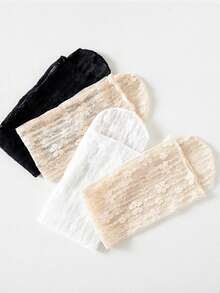 5双装女士夏季薄款黑白蕾丝花卉洛丽塔可爱长筒袜，女士内衣中筒袜，圣诞礼物